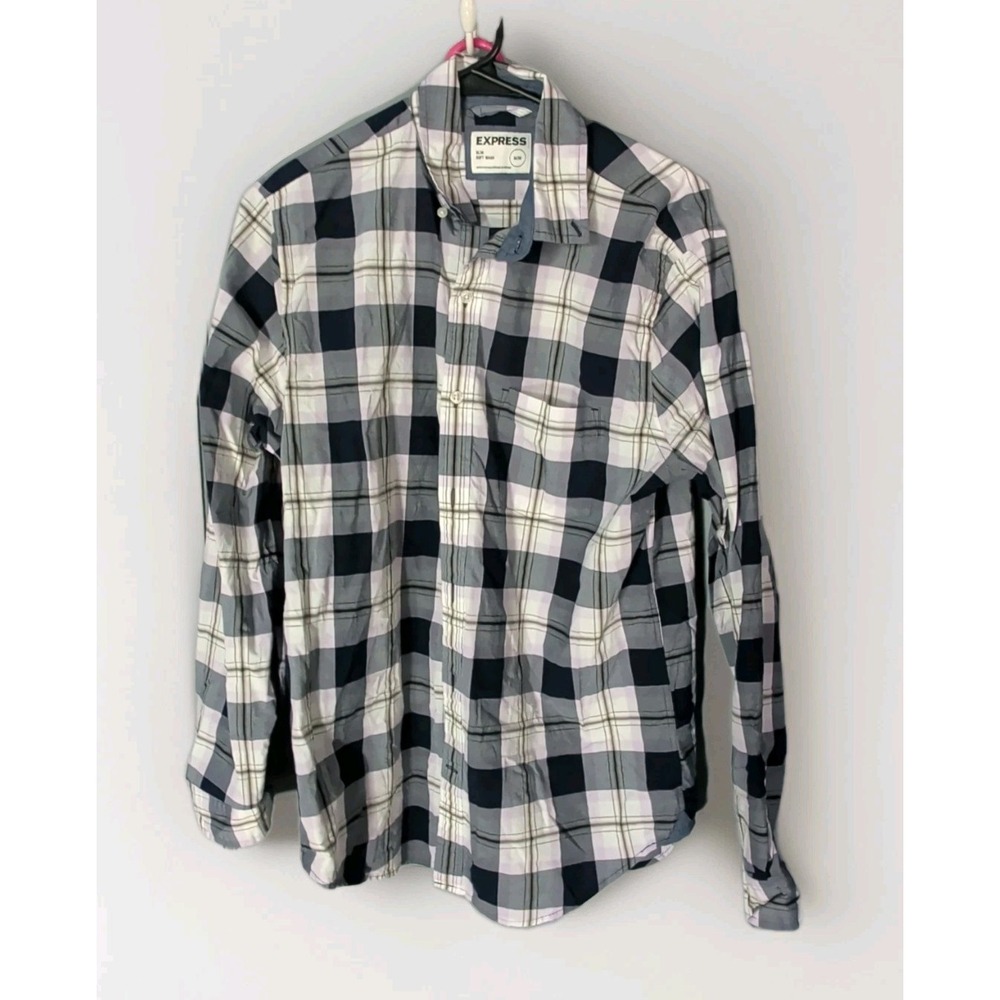 Express Men's Large Plaid Slim Fit Shirt Button Up Gray White